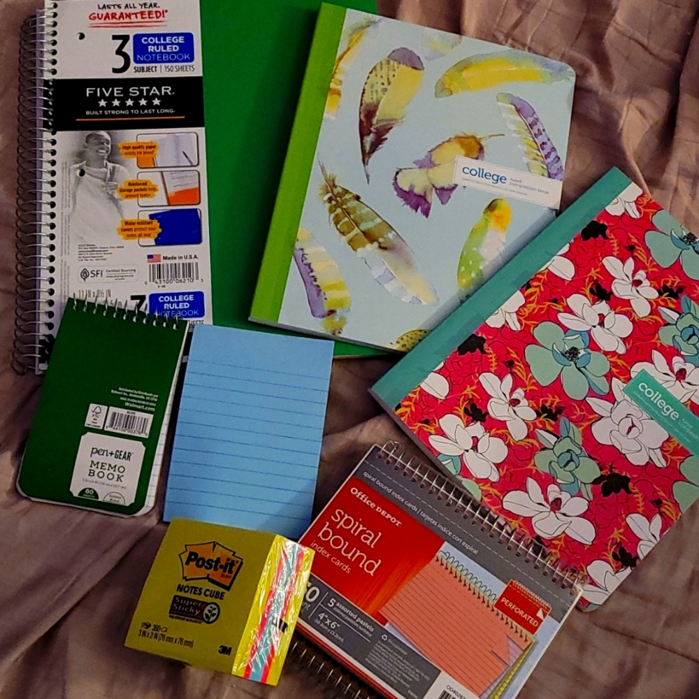 All completely unused notebooks and post-its